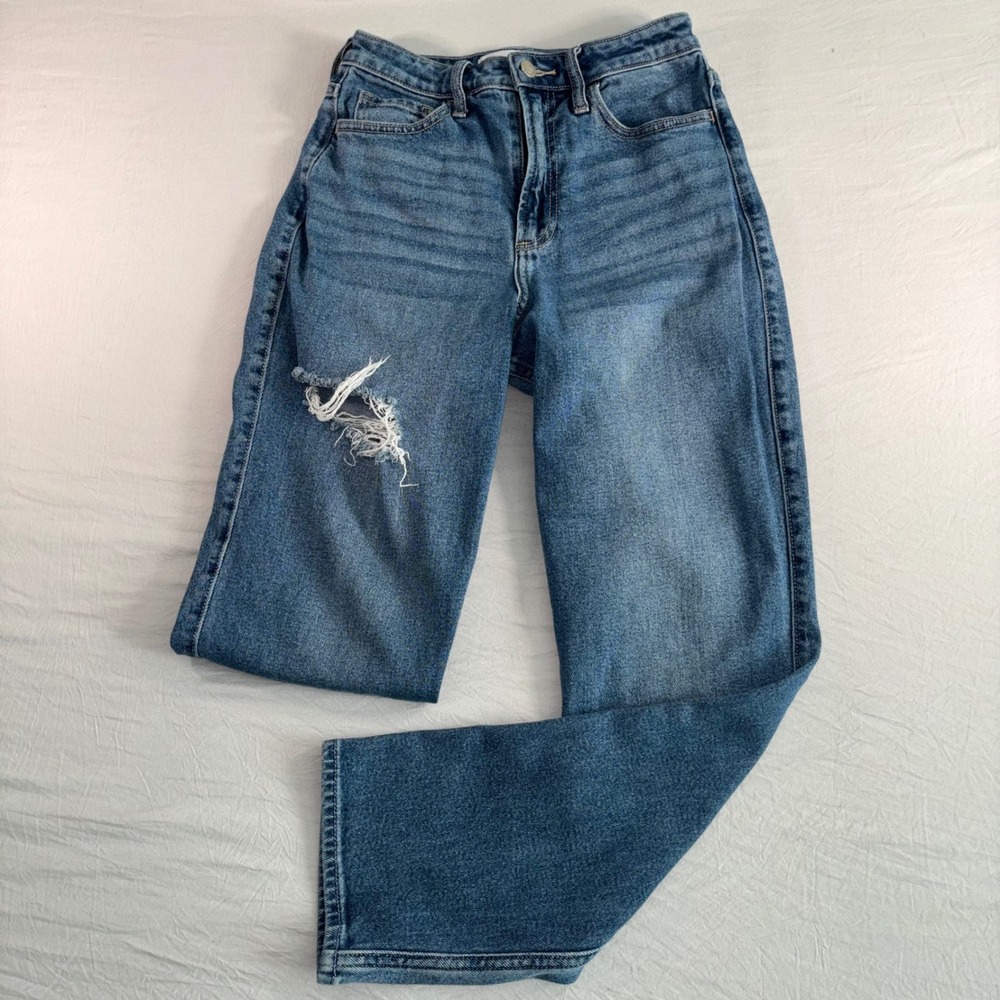 Hollister Curvy Ultra High-Rise Vintage Straight Jeans Blue Distressed 25x27